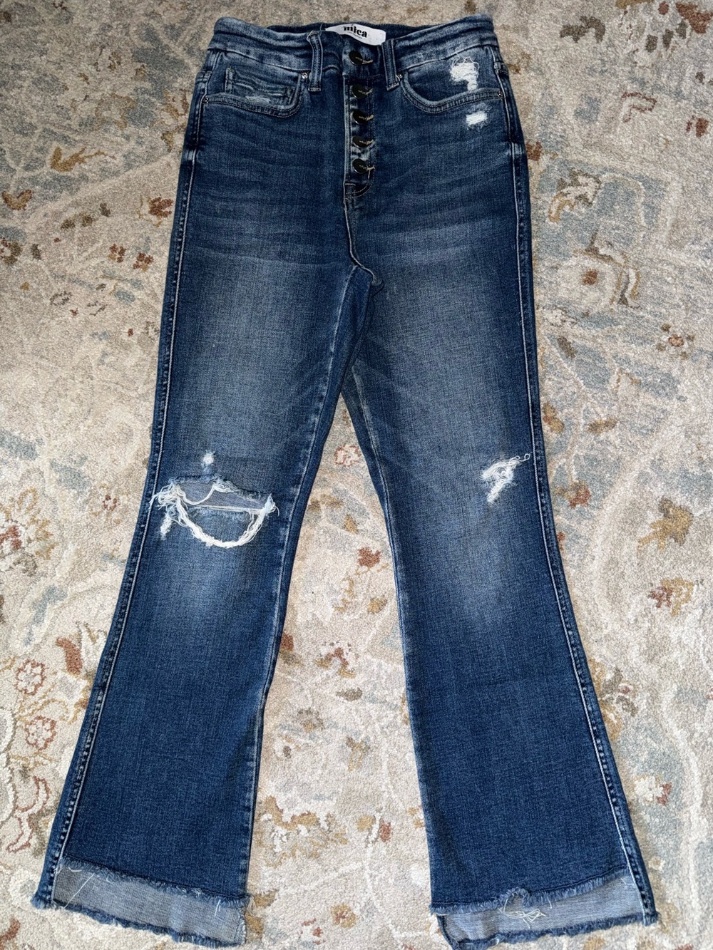 Mica Rae Hem High-Rise Distressed Dark Blue Flare Jeans